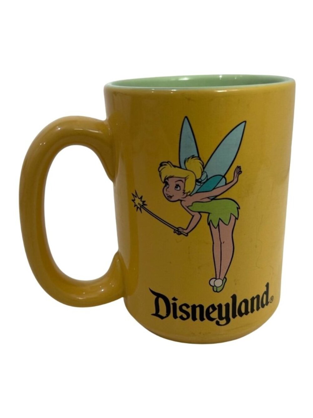 Disneyland Tinker Bell & Wand Yellow Mug Ceramic Coffee Cup Green Interior